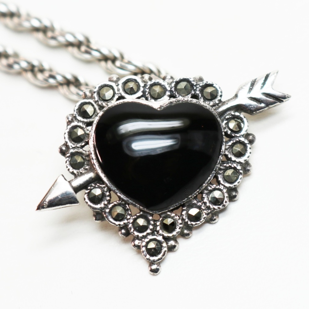 Black Onyx Heart & Marcasite Semi-Precious Gemstone In Sterling Silver Silver